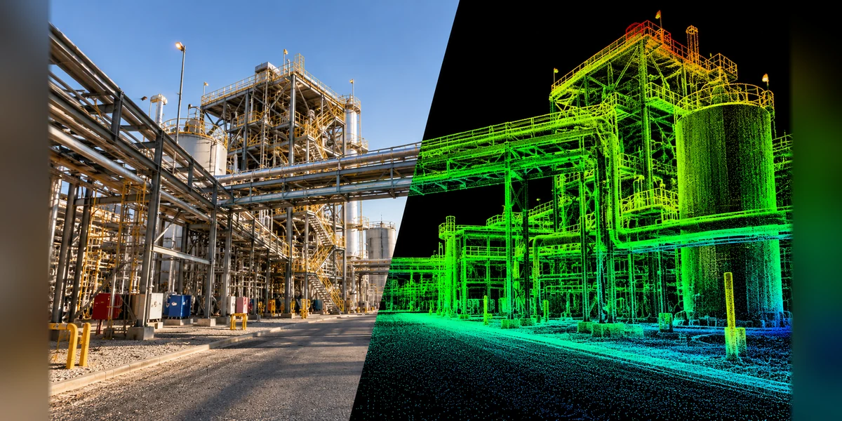 Vista de instalación industrial: fotografía y reconstrucción digital tridimensional